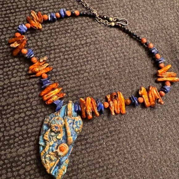 Festive Colorful Necklace Biwa Pearl Pendant Cleopatra Genuine Lapis Lazuli - Picture 1 of 4